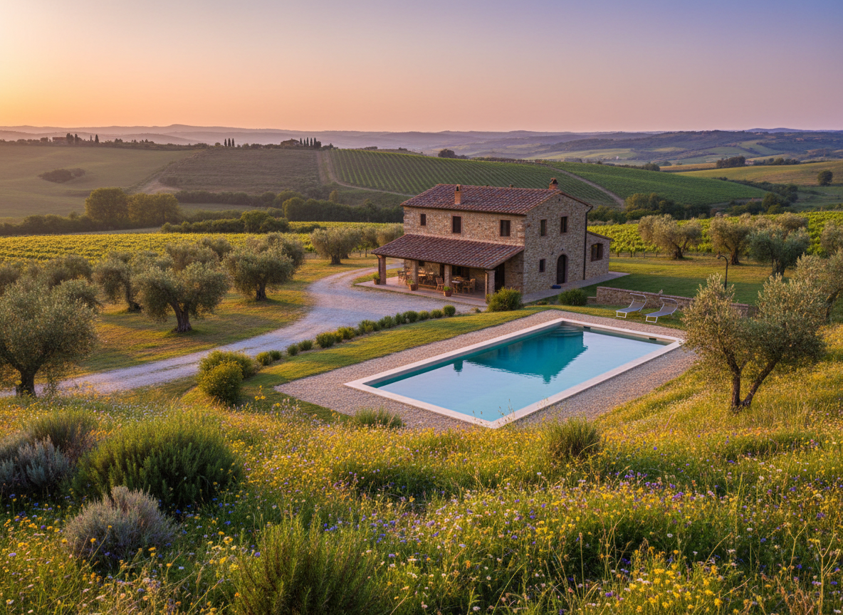 A panoramic photographic view of a rustic agriturismo nestled among the soft rolling hills of the Maremma near Grosseto, with rows of silvery-green olive trees and neat vineyards stretching into the distance. In the foreground, a stone farmhouse with warm terracotta roof tiles sits beside a simple, inviting pool with crystal-clear water reflecting the golden hour sky. Wildflowers and native shrubs frame the scene, and a gravel path gently curves toward the buildings. The light is warm and low, casting long, playful shadows across the fields. Shot from a slightly elevated angle with sharp focus throughout, the image feels serene, rural, and welcoming, emphasizing authentic countryside charm without any sense of luxury or formality.