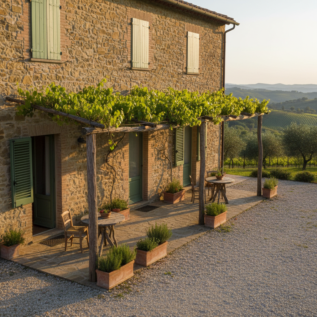The exterior of a traditional Maremma farmhouse converted into a small agriturismo, captured in photographic realism at late afternoon. The building features textured stone walls, faded green wooden shutters, and a simple pergola covered in climbing vines. Two cozy apartment entrances are visible, each with their own small outdoor sitting area furnished with plain wooden chairs and a rough-hewn table. Terracotta pots with aromatic herbs line the gravel courtyard, and beyond, gentle hills, olive groves, and vineyards form a soft-focus backdrop. Warm, slightly angled sunlight creates a playful pattern of light and shadow on the façade. Composed at eye level using the rule of thirds, the scene feels intimate, friendly, and quietly joyful, highlighting rural charm rather than luxury.