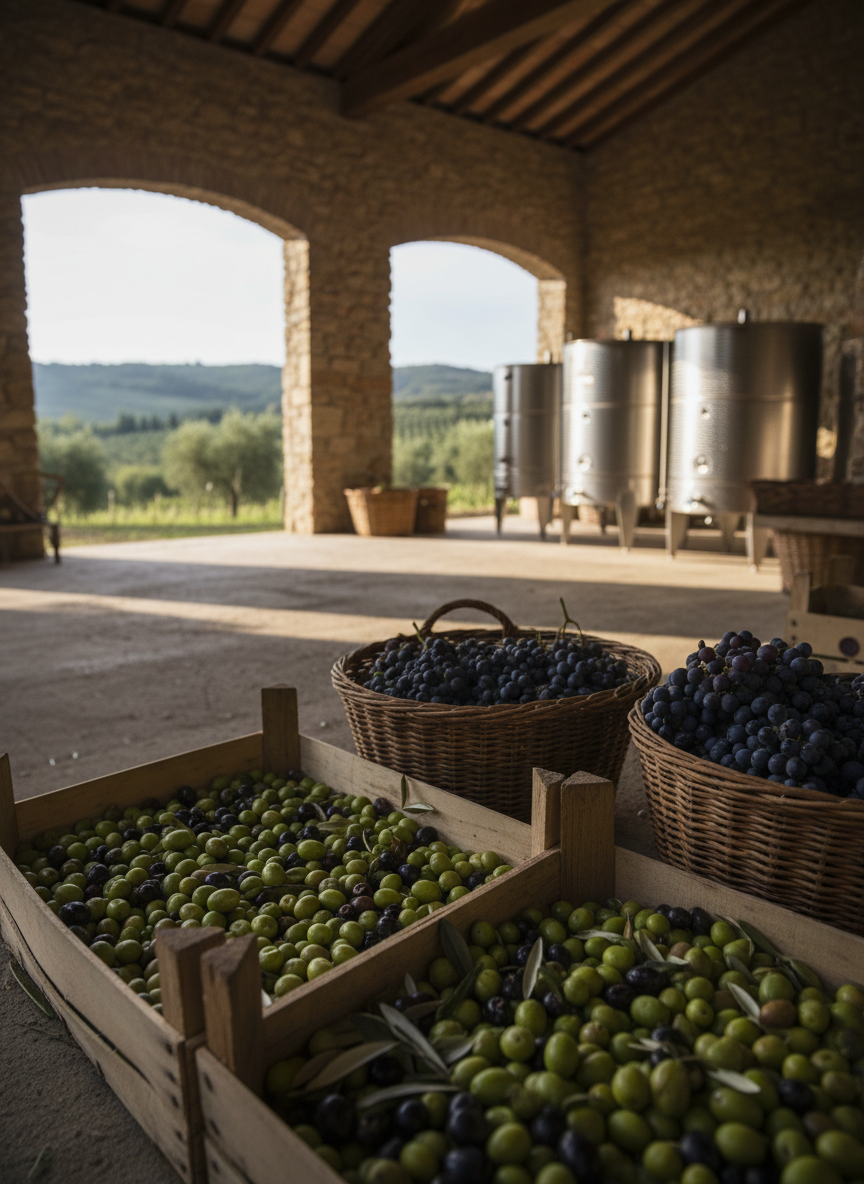 A close yet expansive photographic view of the agriturismo’s olive and wine production area, set against the Maremma countryside. In the foreground, rustic wooden crates overflow with freshly harvested green and black olives, their skins glossy and textured. Nearby, a few open baskets display deep purple grape clusters dusted with a natural bloom. Simple stainless-steel olive oil and wine tanks stand in the shaded background of a stone outbuilding, partially open to the landscape. Warm, diffused afternoon light enters from the side, highlighting the natural colors and casting soft shadows across the rough concrete floor. The composition uses a low angle that leads the eye from the produce out toward blurred hills and olive groves beyond, creating a mood that is artisanal, honest, and pleasantly playful, focusing on authentic farm production without industrial harshness.
