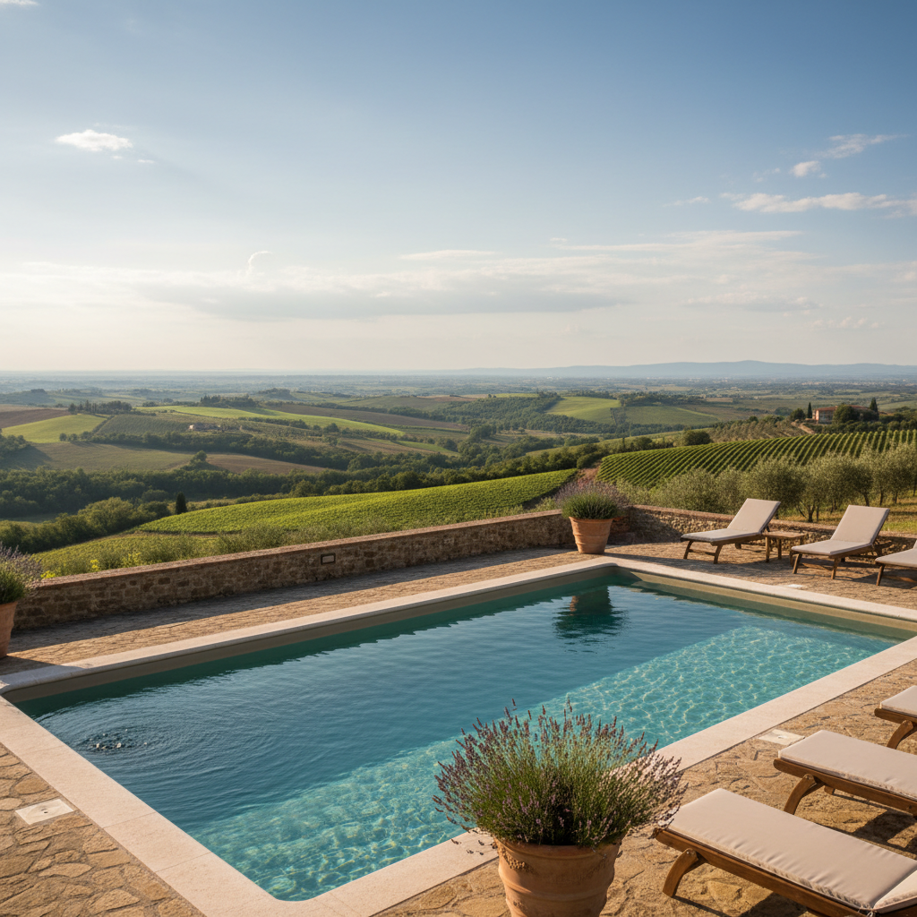 A tranquil photographic scene of the agriturismo’s panoramic pool area overlooking the Maremma hills. The simple rectangular pool, lined with pale stone, shimmers in the late afternoon light, its surface reflecting scattered clouds and the blue sky. Modest wooden loungers with neutral fabric sit on the stone terrace, interspersed with terracotta pots of lavender and rosemary. Beyond the low stone wall, vineyards, olive groves, and soft green hills roll away toward the horizon, with a distant hint of Grosseto’s plain. The lighting is warm and golden, casting gentle shadows and a playful sparkle on the water. Captured from a slightly elevated corner of the pool, with sharp focus on both foreground and landscape, the atmosphere is peaceful, unpretentious, and inviting, emphasizing the view and countryside charm over any luxury feel.