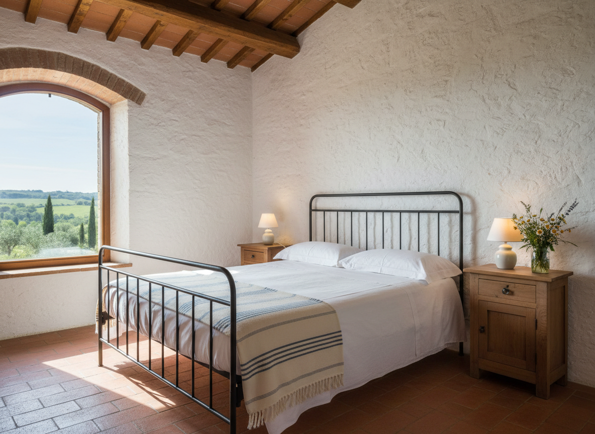 The cozy bedroom of one of the Maremma agriturismo’s apartments, captured in warm photographic realism. A simple wrought-iron bed with crisp white linens and a soft, striped cotton throw sits against a whitewashed wall, with exposed wooden ceiling beams overhead. A small rustic wooden nightstand holds a ceramic lamp and a sprig of wildflowers in a glass jar. Sunlight from a single window falls across terracotta floor tiles, creating gentle, playful patterns of light and shadow. Through the window, a hint of green hills and olive trees is visible in soft focus. Shot from a slightly elevated corner with moderate depth of field, the composition emphasizes comfort, cleanliness, and rural charm, avoiding any opulent touches while still feeling special and relaxing for a countryside retreat.