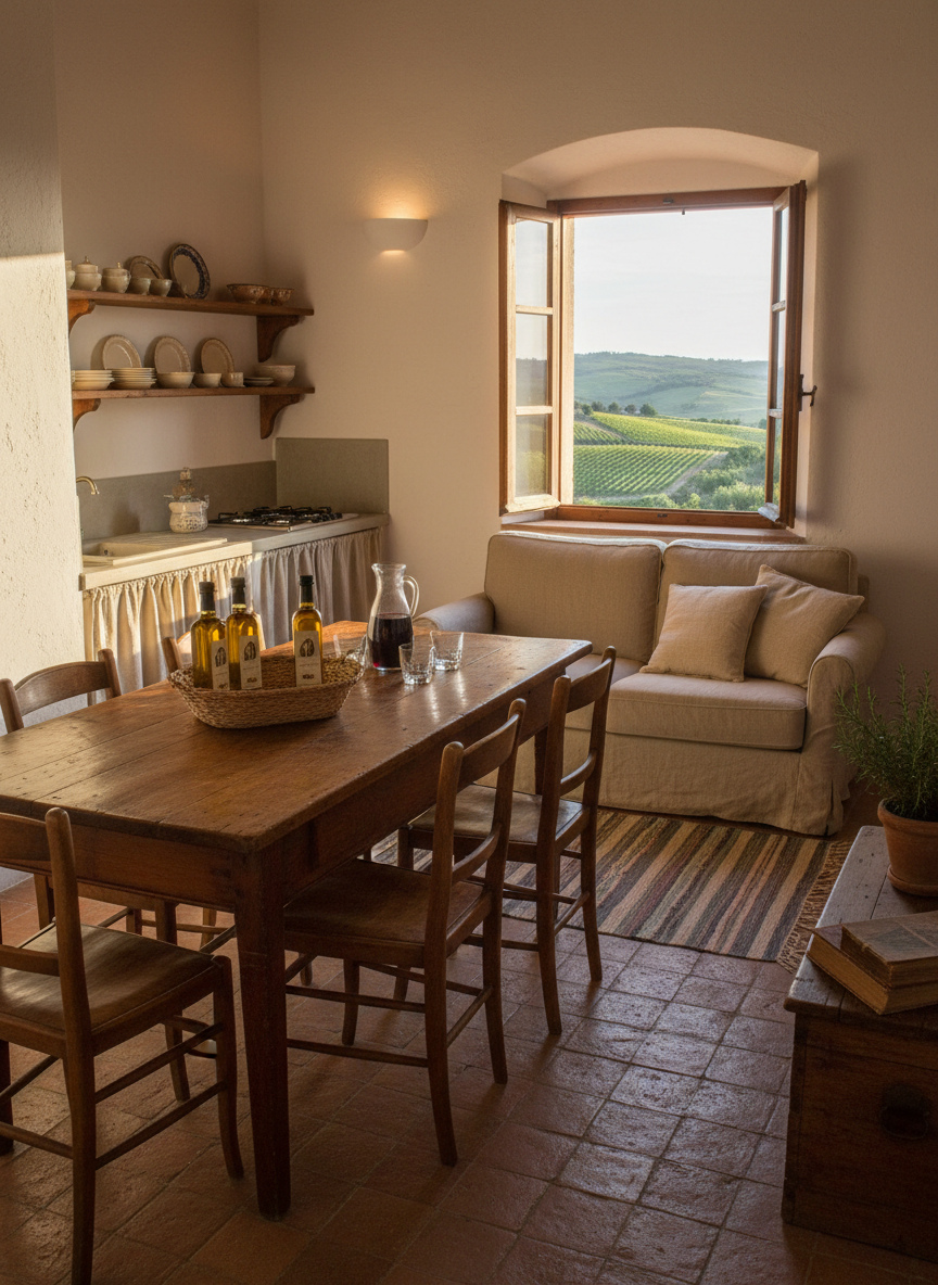 An inviting interior of a countryside holiday apartment at a Maremma agriturismo, shown in detailed photographic realism. The main room features a simple wooden farmhouse table, mismatched but sturdy chairs, and a compact kitchenette with open wooden shelves displaying ceramic dishes. A small sofa with natural linen cushions sits near a window that opens onto a view of hills, olive trees, and vineyards. Sunlight filters in softly, illuminating terracotta tile floors and whitewashed walls, creating gentle highlights on the rustic furniture. A woven basket with local olive oil bottles and a carafe of red wine rests on the table. Shot at eye level with a slightly wide angle and moderate depth of field, the mood is relaxed, cozy, and playful, celebrating authentic rural simplicity without any hint of luxury décor.